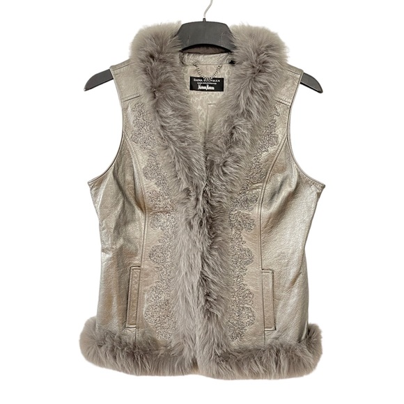 Neiman Marcus Jackets & Blazers - Neiman Marcus Dana Buchman Grey Metallic Leather Embroidered Fur Trim Vest 10
